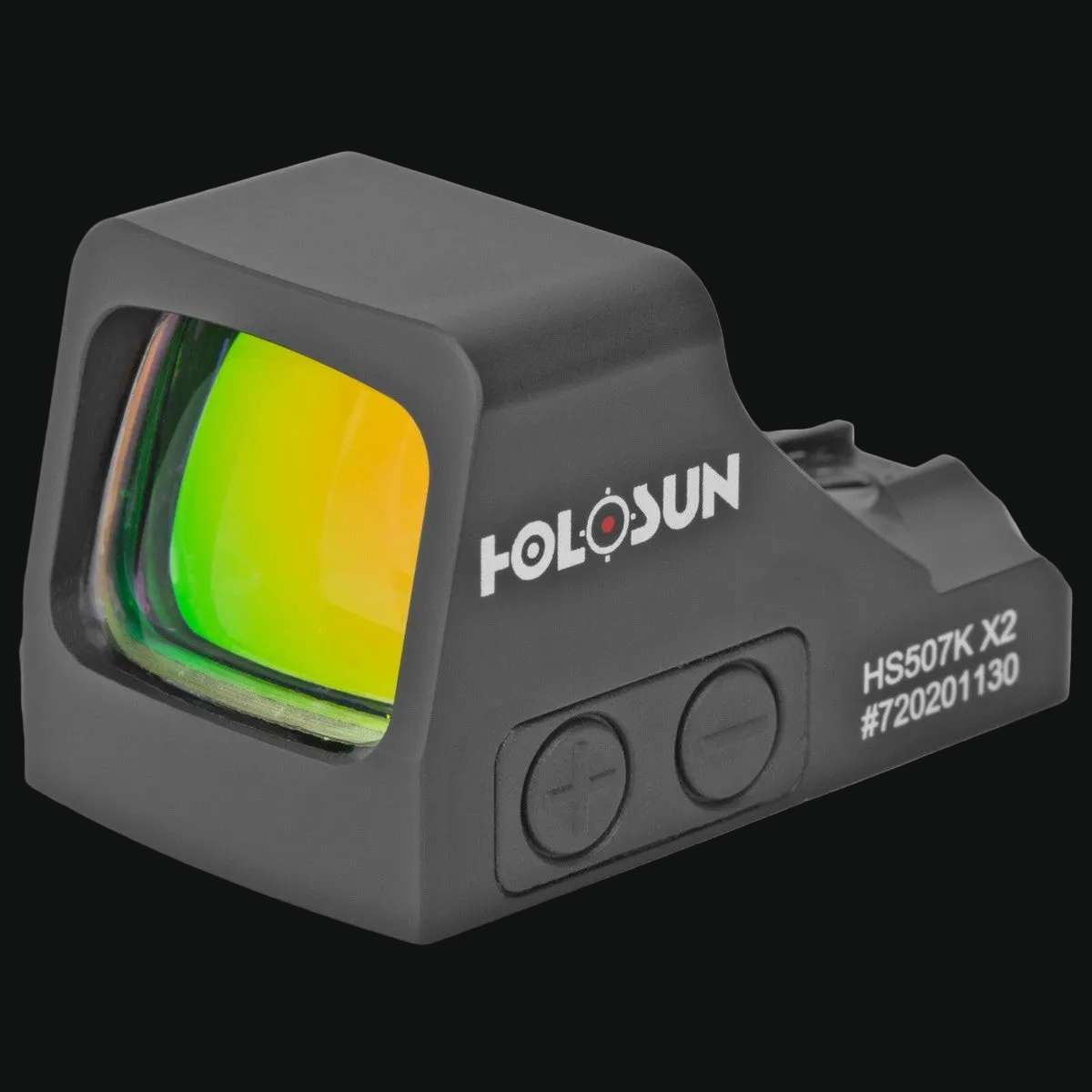 Holosun HS507K X2 holographic sight, side view with adjustment buttons and logo