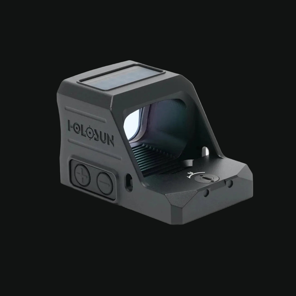 Holosun reflex sight angled from side, showing control buttons and mounting base