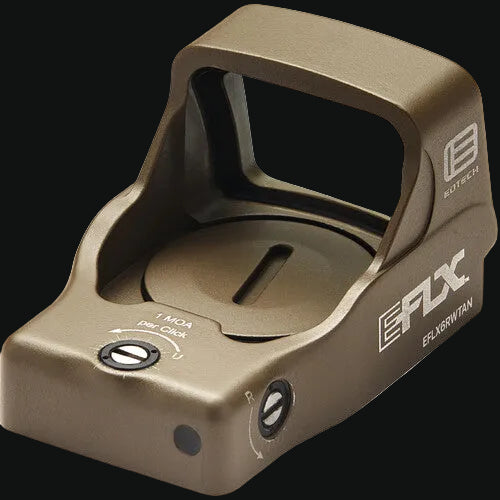EOTech EFLX mini red dot sight, tan optic housing with open lens cavity and adjustment caps
