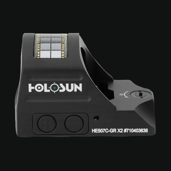 Holosun green circle-dot reflex sight with solar panel and control buttons, front view