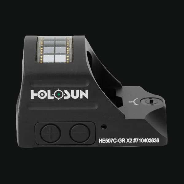 Holosun green circle-dot reflex sight with solar panel and control buttons, front view
