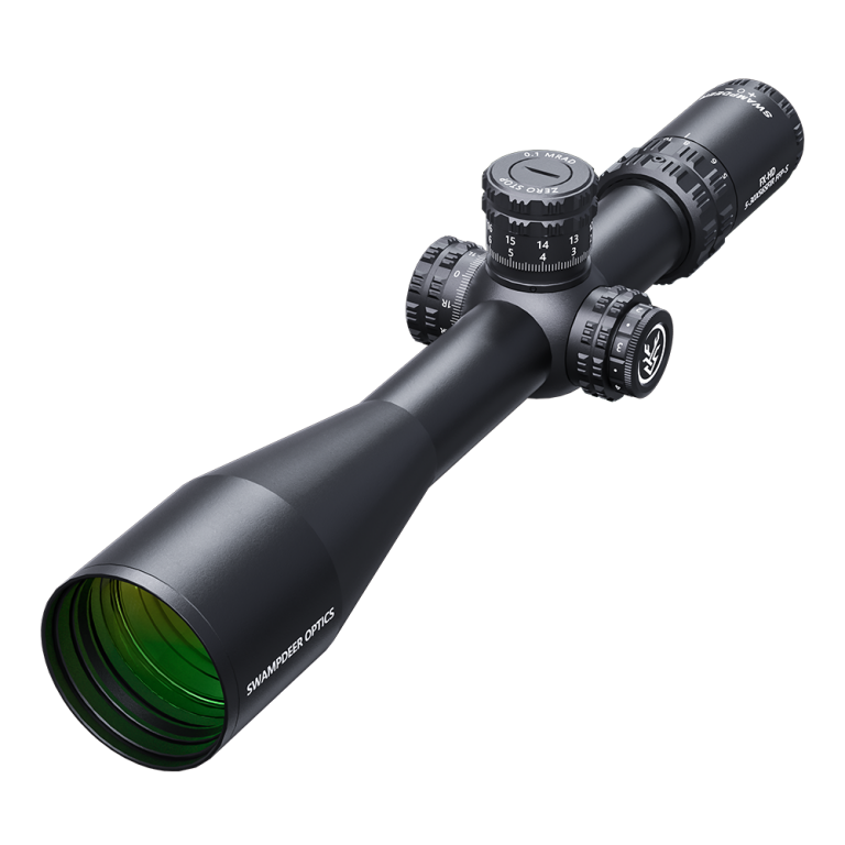 Matte black 5-30x56 riflescope angled view with green-tinted front lens