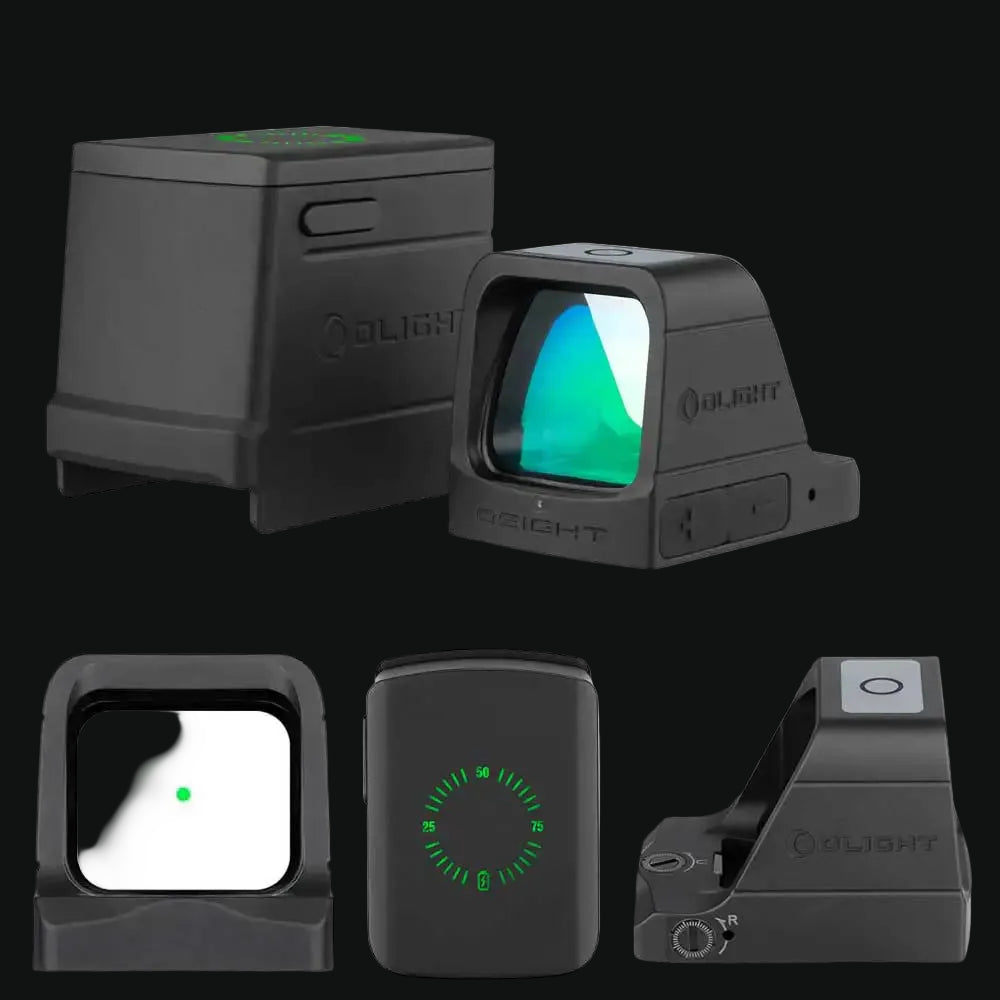 Multi-view black red dot sight with green reticle and side control buttons