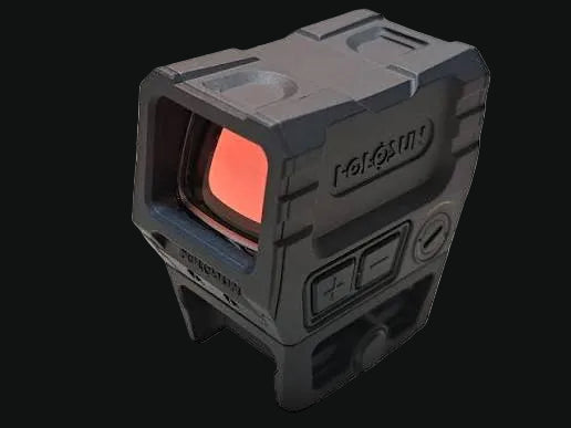 Holosun AEMS-CORE-X2-GD aluminum red dot sight, side view with orange/red lens window
