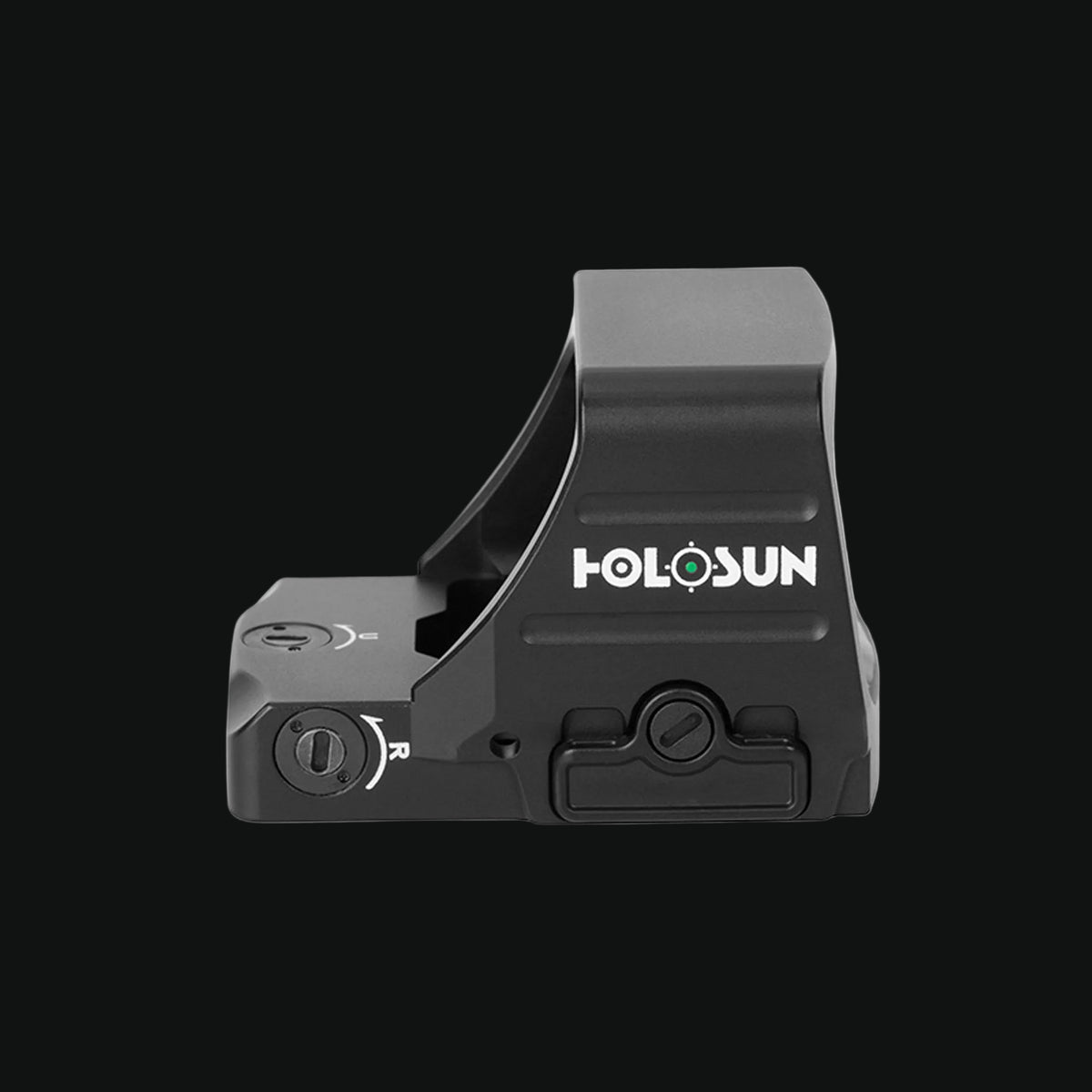 Holosun HE407COMP reflex sight side view, black housing with adjustable knobs and mount