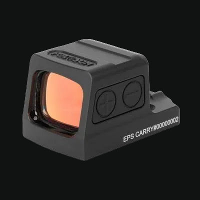 Holosun enclosed reflex sight angled view, orange window and two adjustment dials
