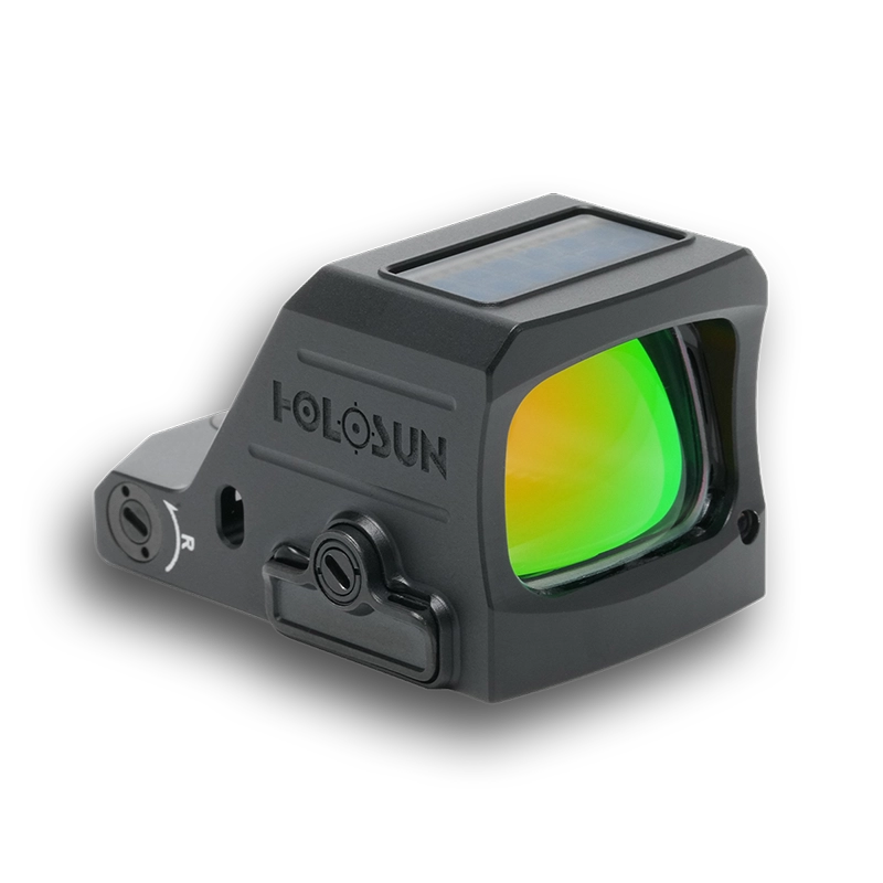 Enclosed green 6 MOA dot sight with tinted lens window and black housing
