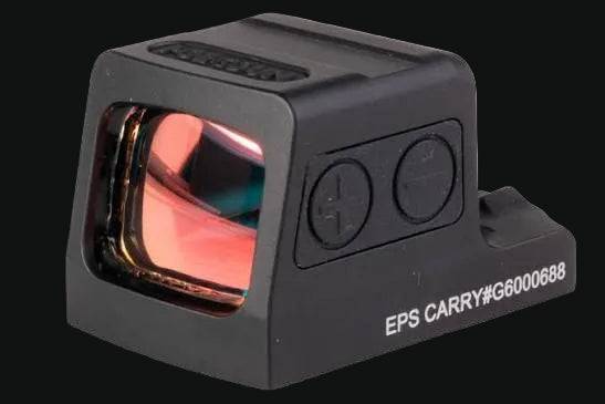 Enclosed dot sight side view with control buttons and enclosed lens window, black