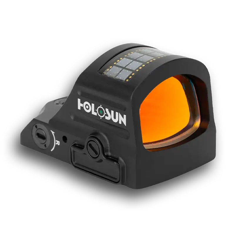 Black Holosun red dot sight with orange circle reticle and top solar panel window