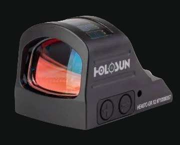 Black Holosun red dot sight with red-orange circle reticle, side buttons, and lens