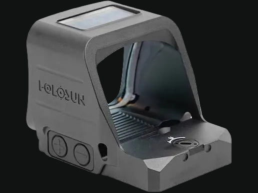 Holosun red-dot reticle sight side view with adjustment dials and mount base
