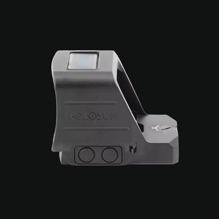 Red dot reflex sight side view with lens window and two-button control panel