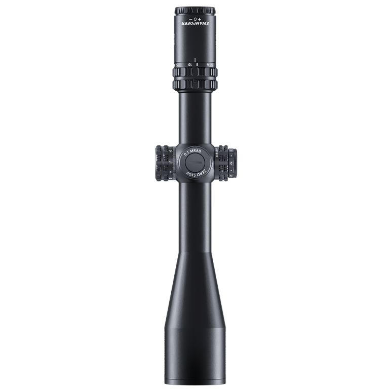 Front view matte black riflescope with capped turrets and front objective lens