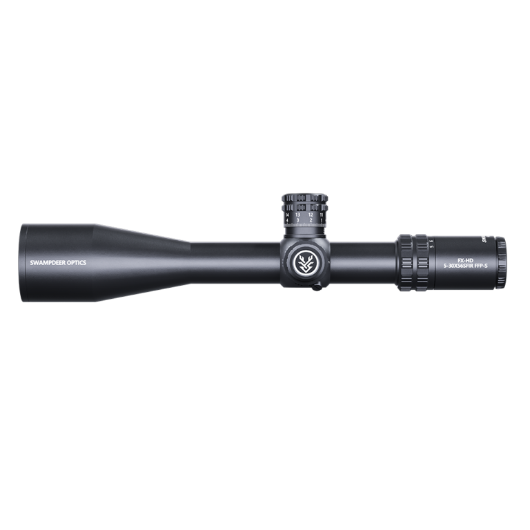 Matte black riflescope side profile with adjustment turrets and capped eyepiece