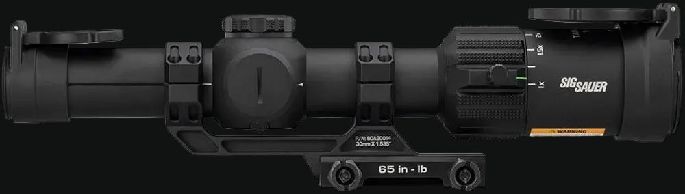 LPVO riflescope with side turret knob, mounting rings, and objective bell