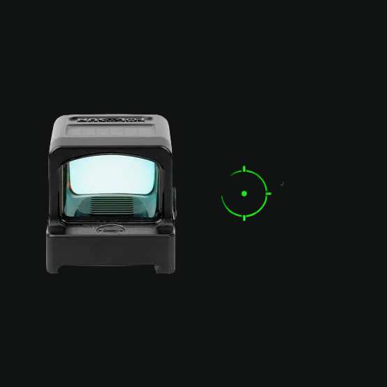 Black reflex sight displaying green circle-dot reticle through window
