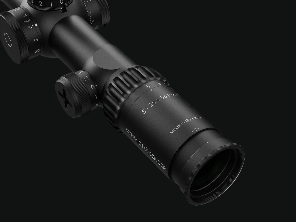 Schmidt Bender riflescope close-up of adjustment ring and 5-25x56 markings
