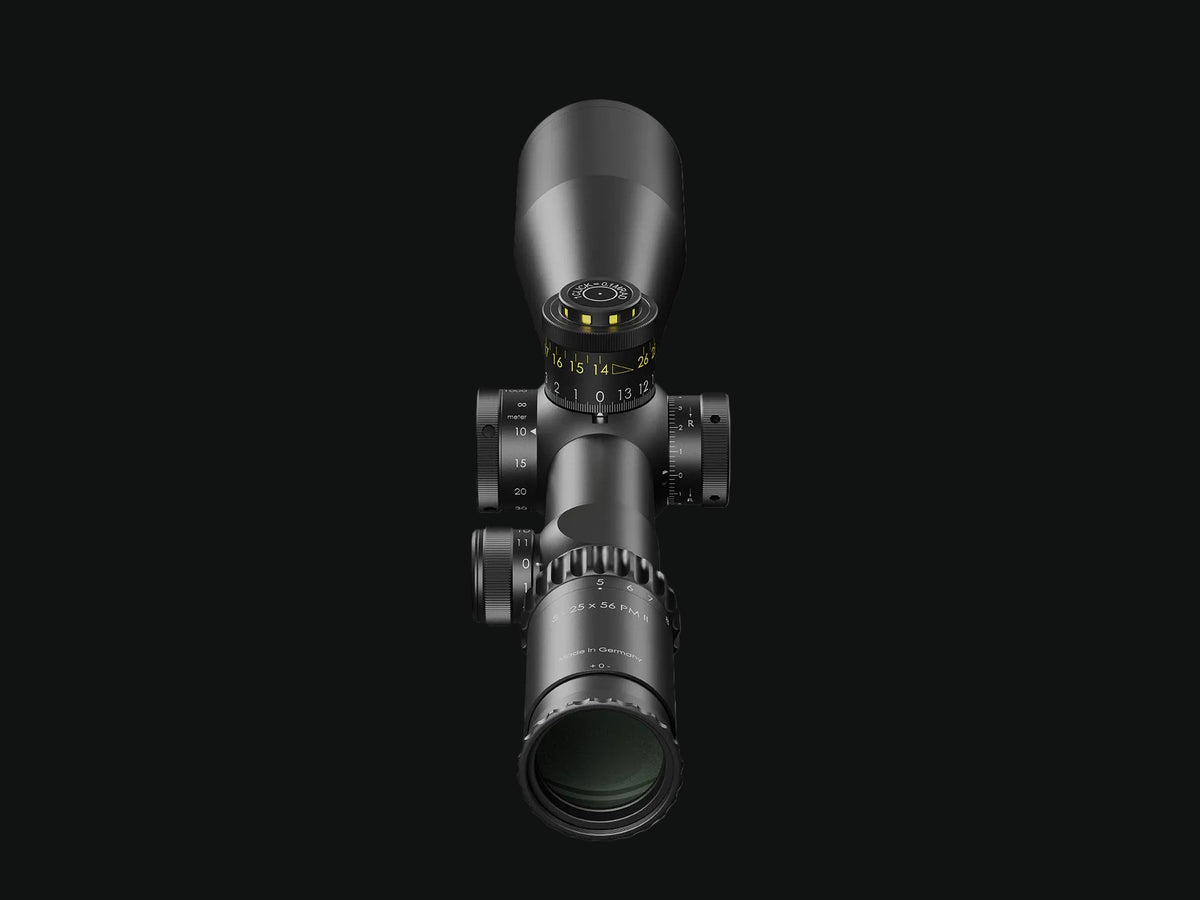 Schmidt Bender riflescope with objective lens and illuminated reticle turret
