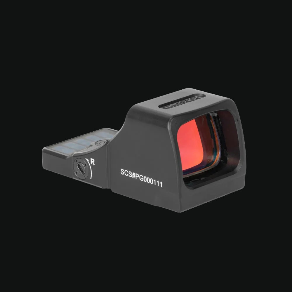 Holosun compact red circle-dot sight with glowing window, right-side view