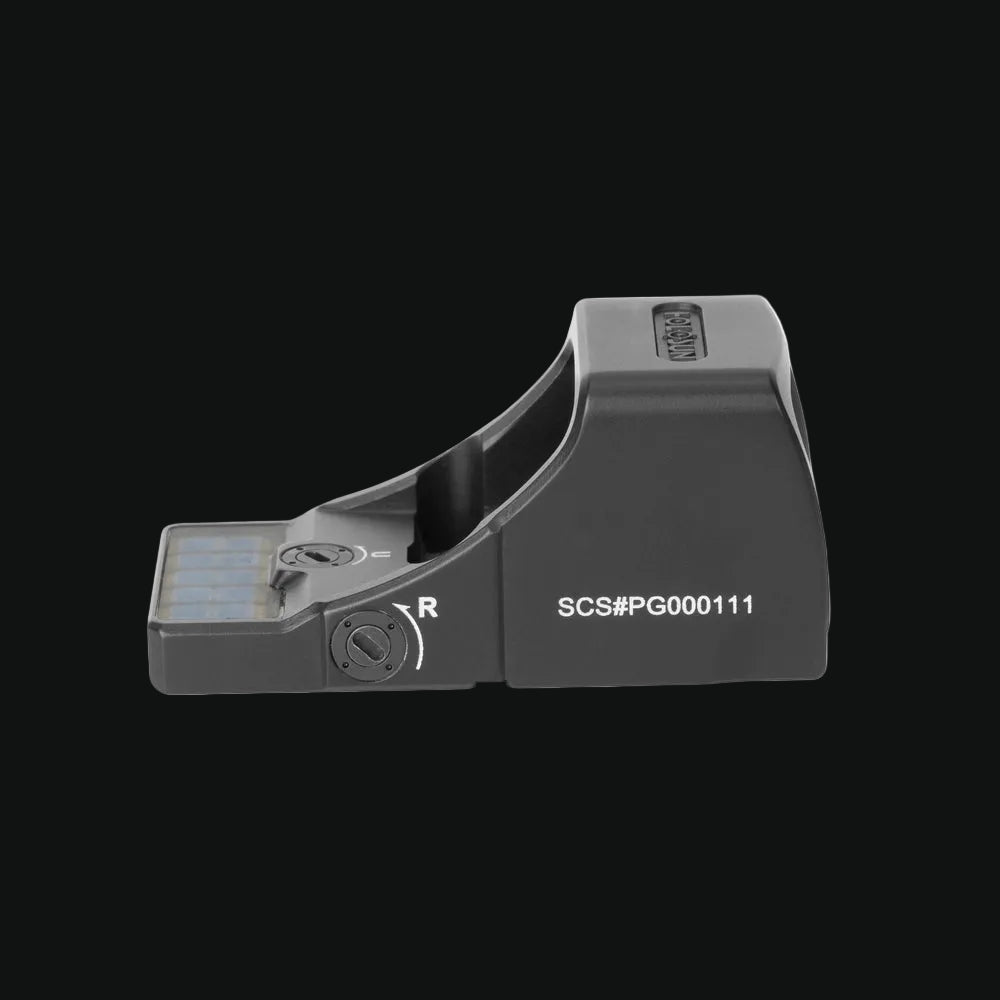 Holosun compact red circle-dot sight, front-left angle with adjustment dial