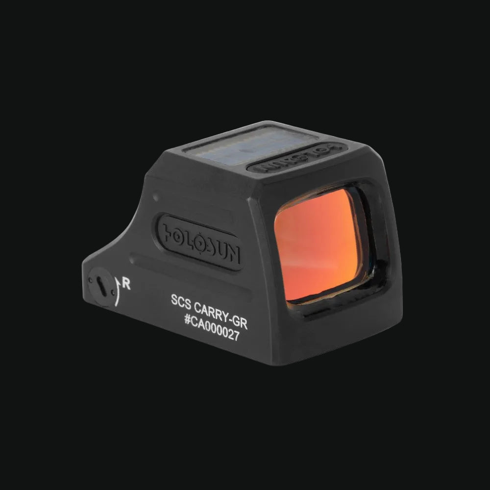 Holosun SCS Carry-GR reflex sight front view with orange illuminated reticle
