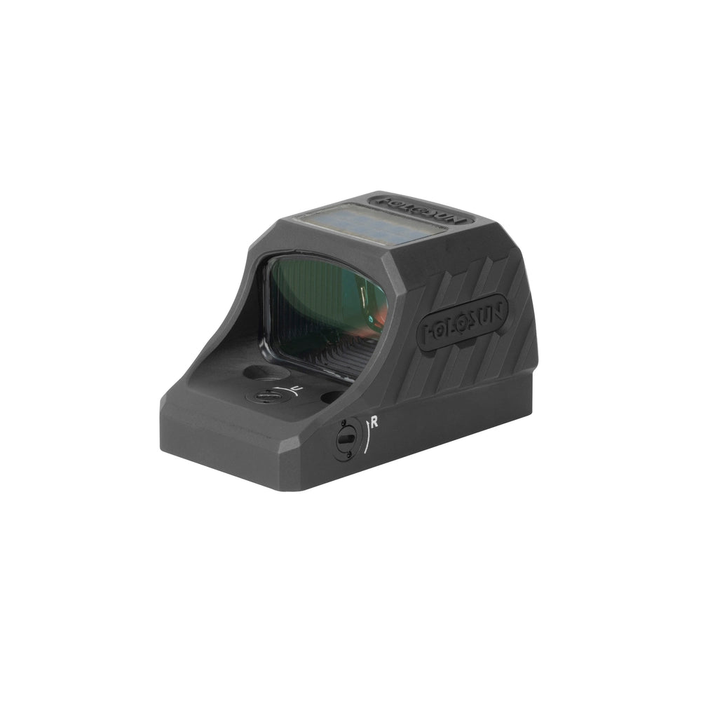 Gray pistol reflex sight angled, circle-dot window shows green-tinted reticle