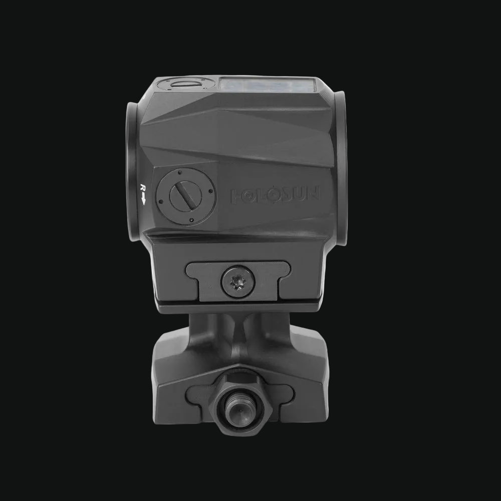 Holosun red dot sight top view with dial and mounting base