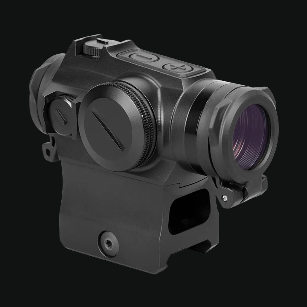Holosun reflex dot sight with round turret controls and front lens, black