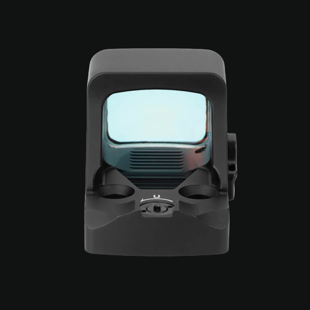 Black red dot sight with illuminated front lens window