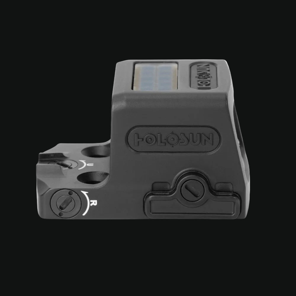 Enclosed solar reflex red-dot sight, top and rear view with adjustment controls