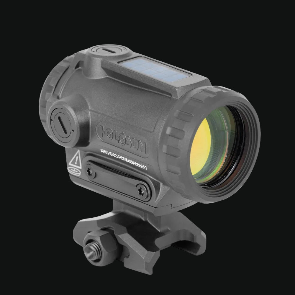 Holosun ARO-EVO-SPR red dot rifle sight with side lens and adjustable mount, gray