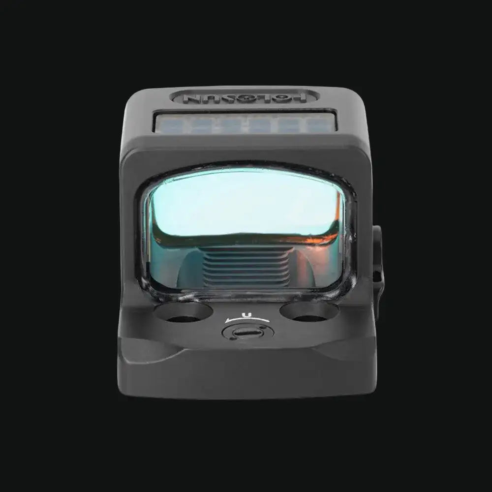 Enclosed solar reflex sight, front view of illuminated window and adjustment knobs, dark gray