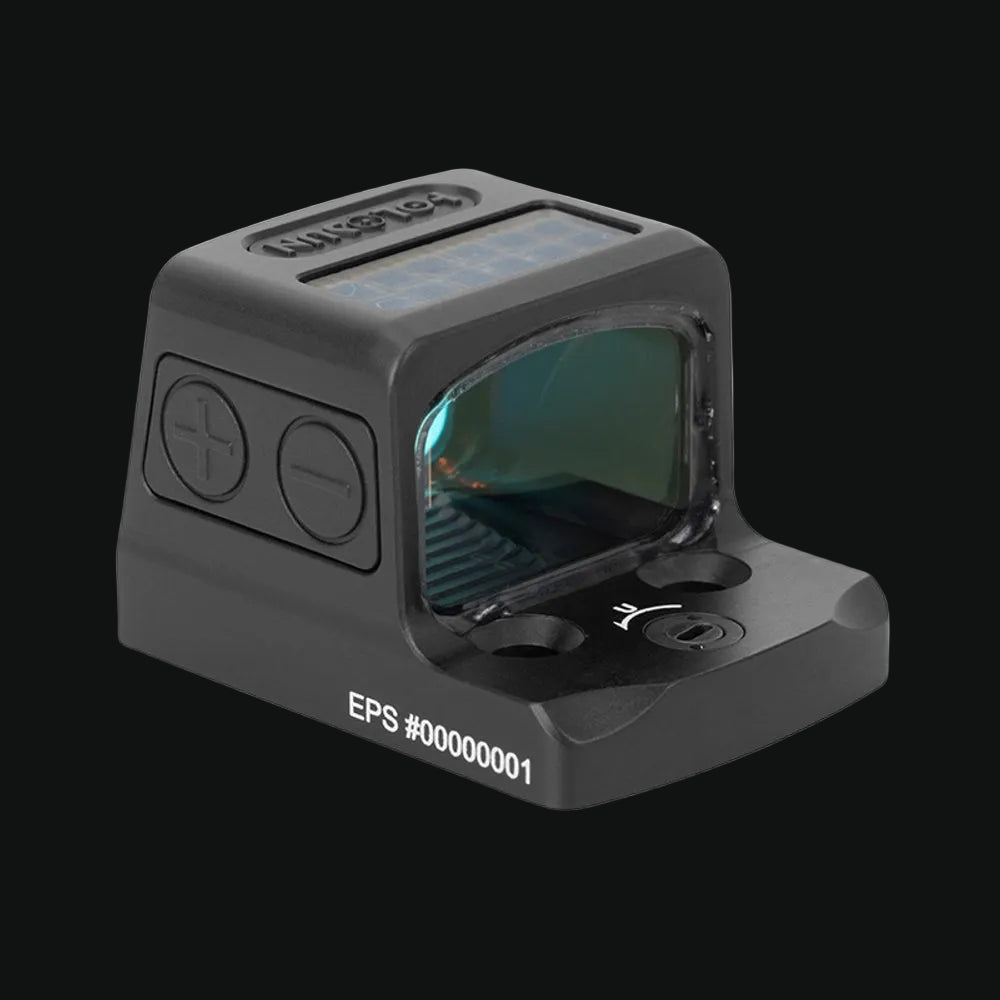 Enclosed solar reflex sight with tinted display window and top buttons, dark gray