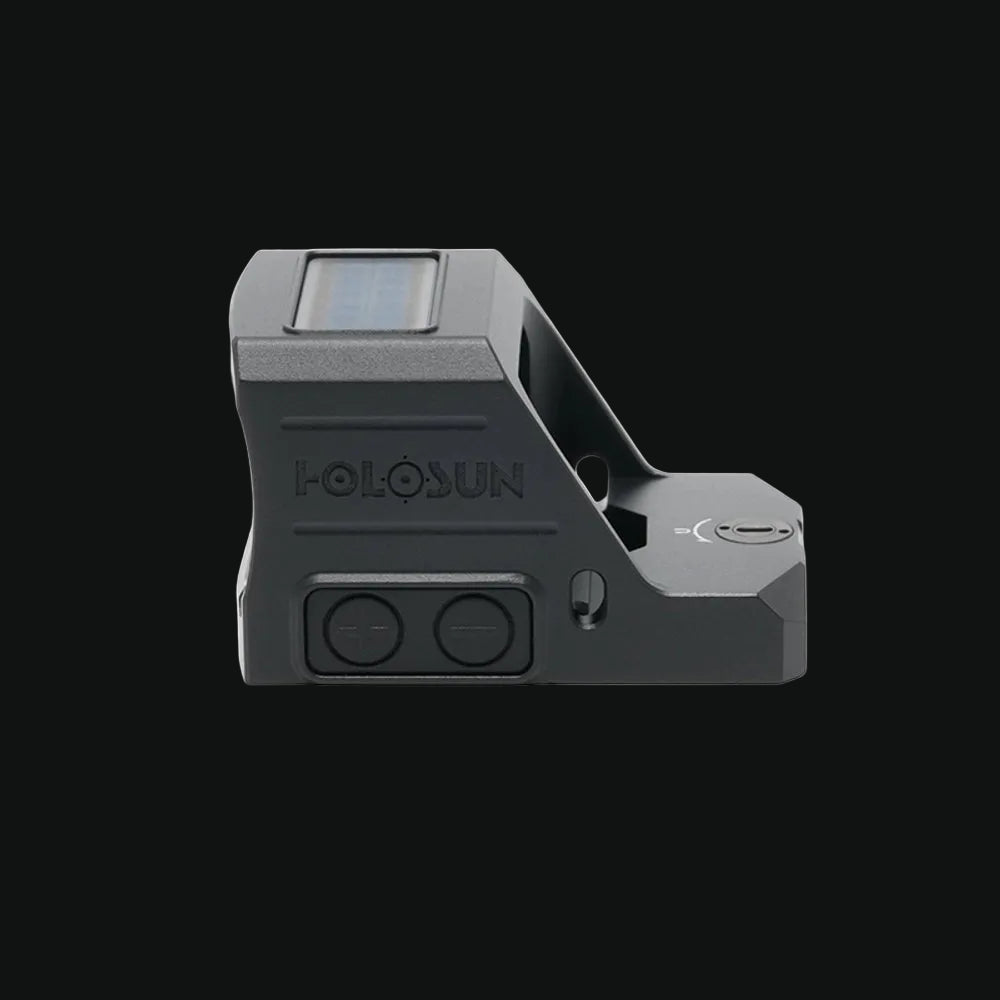 Holosun HE407C-X3 dot sight side view with solar panel and adjustment controls
