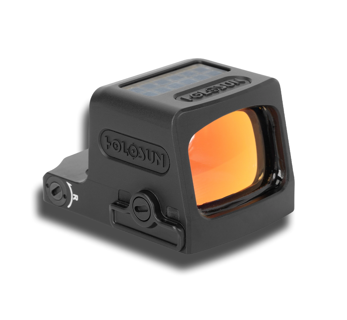 Enclosed reflex sight with orange-tinted lens, gray body and rear control knob