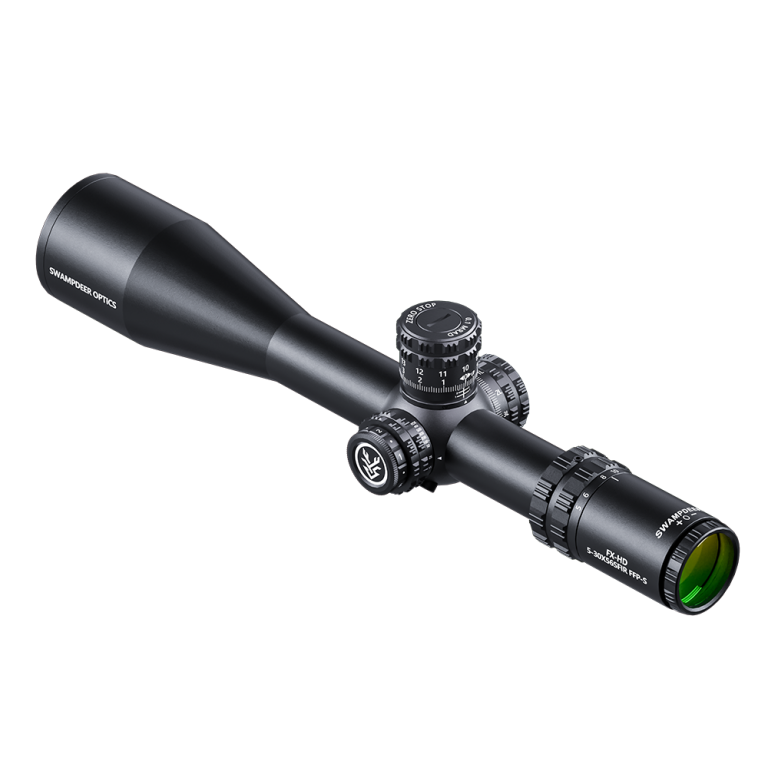 Angled matte black riflescope with adjustment knobs and green front objective lens