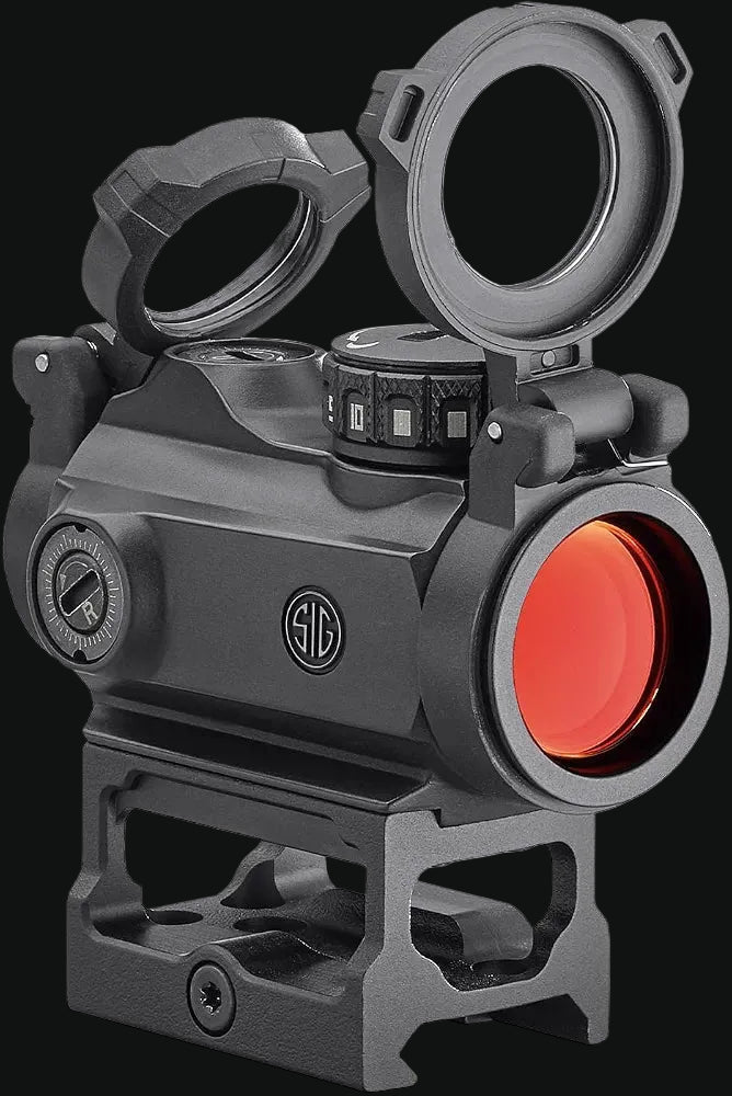 Sig Sauer ROMEO-MSR red dot sight angled view with red lens cover