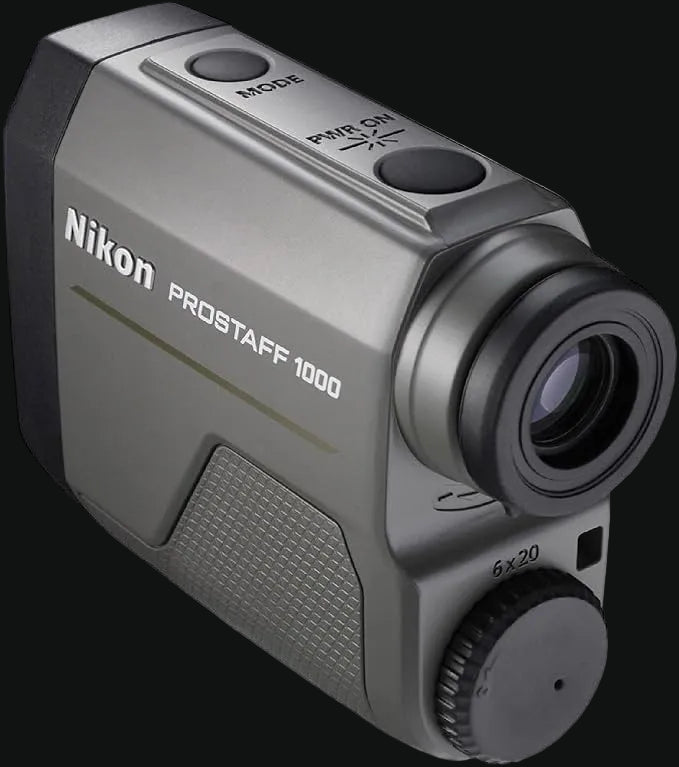 Nikon PROSTAFF 1000 laser rangefinder angled side view with controls on top