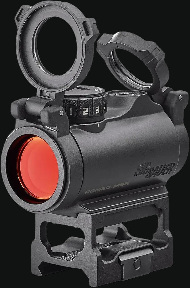 Sig Sauer ROMEO-MSR red dot sight side view with red lens cover