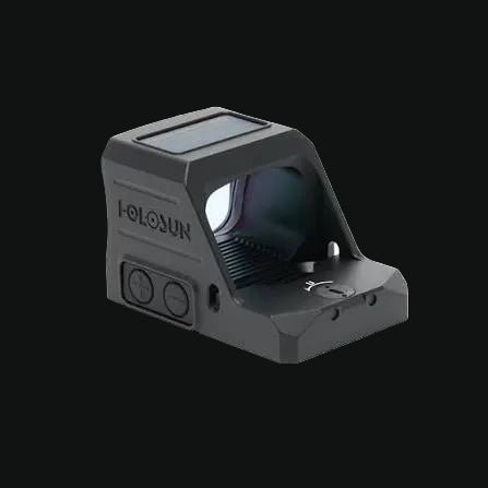 Black solar-powered reflex sight with circle dot window and side controls