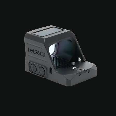 Black solar-powered reflex sight with circle dot window and side controls
