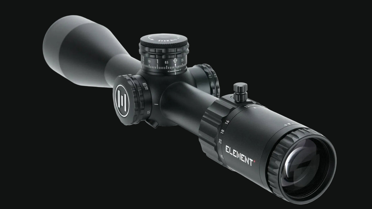 Black riflescope with large front objective lens, adjustment knobs, and ocular housing.