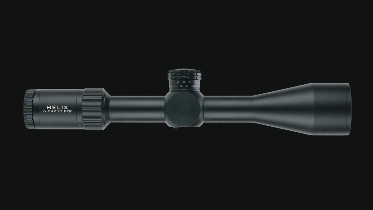 Riflescope in matte black with side adjustment knobs and long tube, low-profile lens.