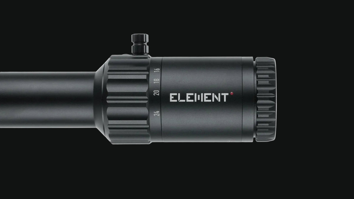 Matte black riflescope tube with prominent adjustment ring and engraved ELEMENT logo.