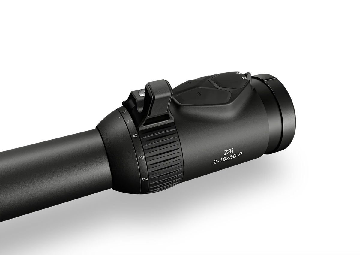 Black Z8i 2-16x50 riflescope with magnification ring and side adjustment knobs.