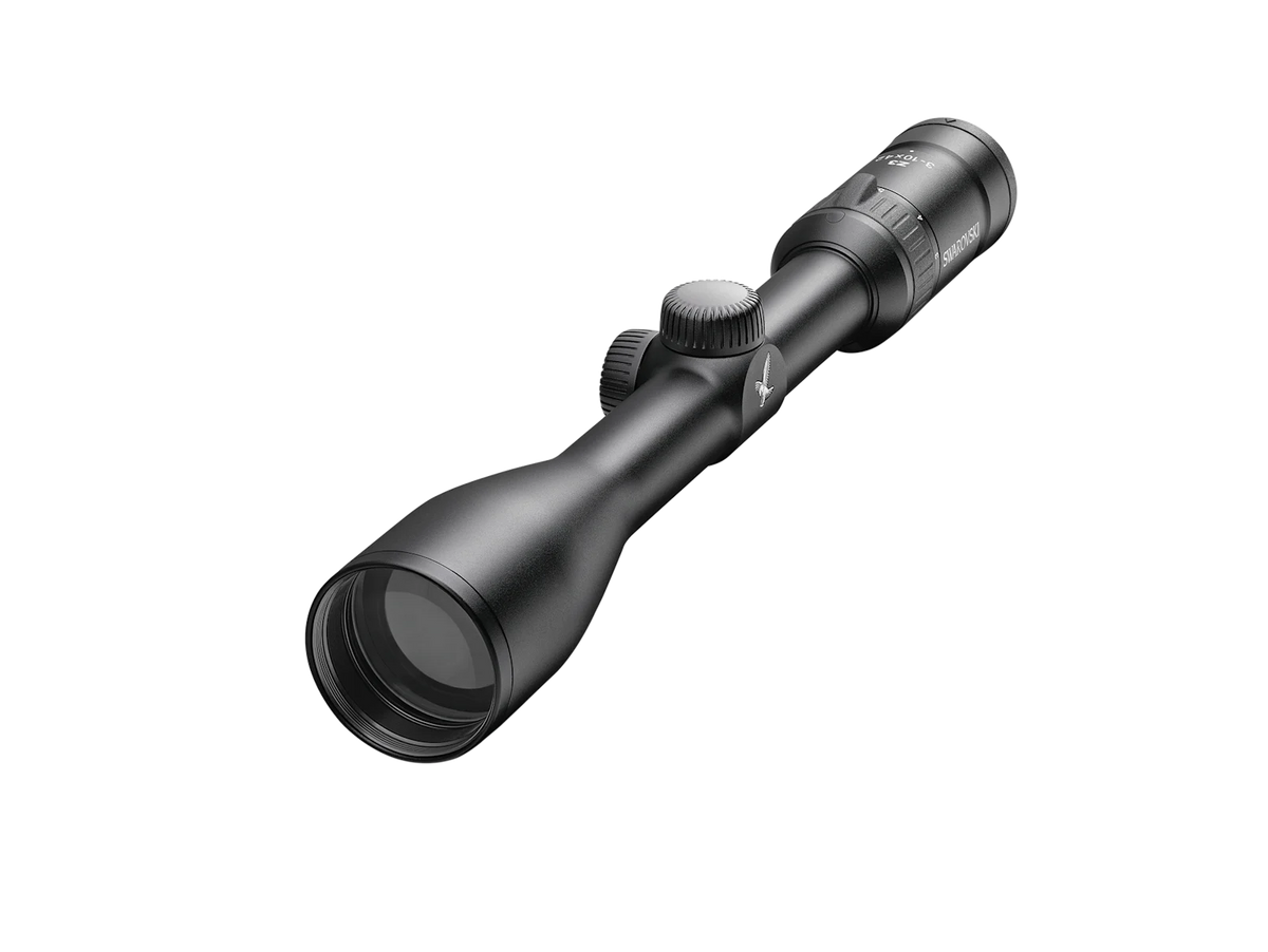 Black riflescope angled view with SWAROVSKI text, eyepiece, and side turret knobs