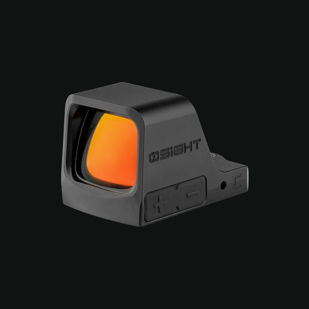 Dark gray open-emitter red dot sight with orange window and side controls