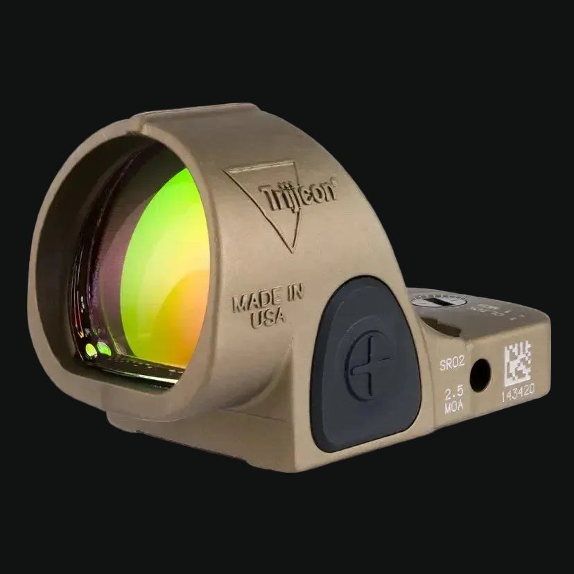 Trijicon SRO3 red dot sight in coyote brown with front lens window and side controls