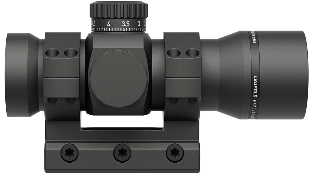 Black red dot scope rear view with top dial and mounting base with screws