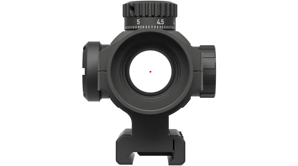 Black red dot scope with mount, circular emitter window showing red dot